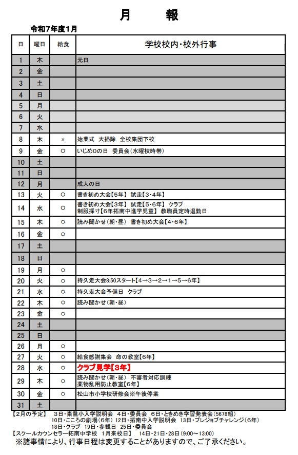 【HP訂正】１月月報